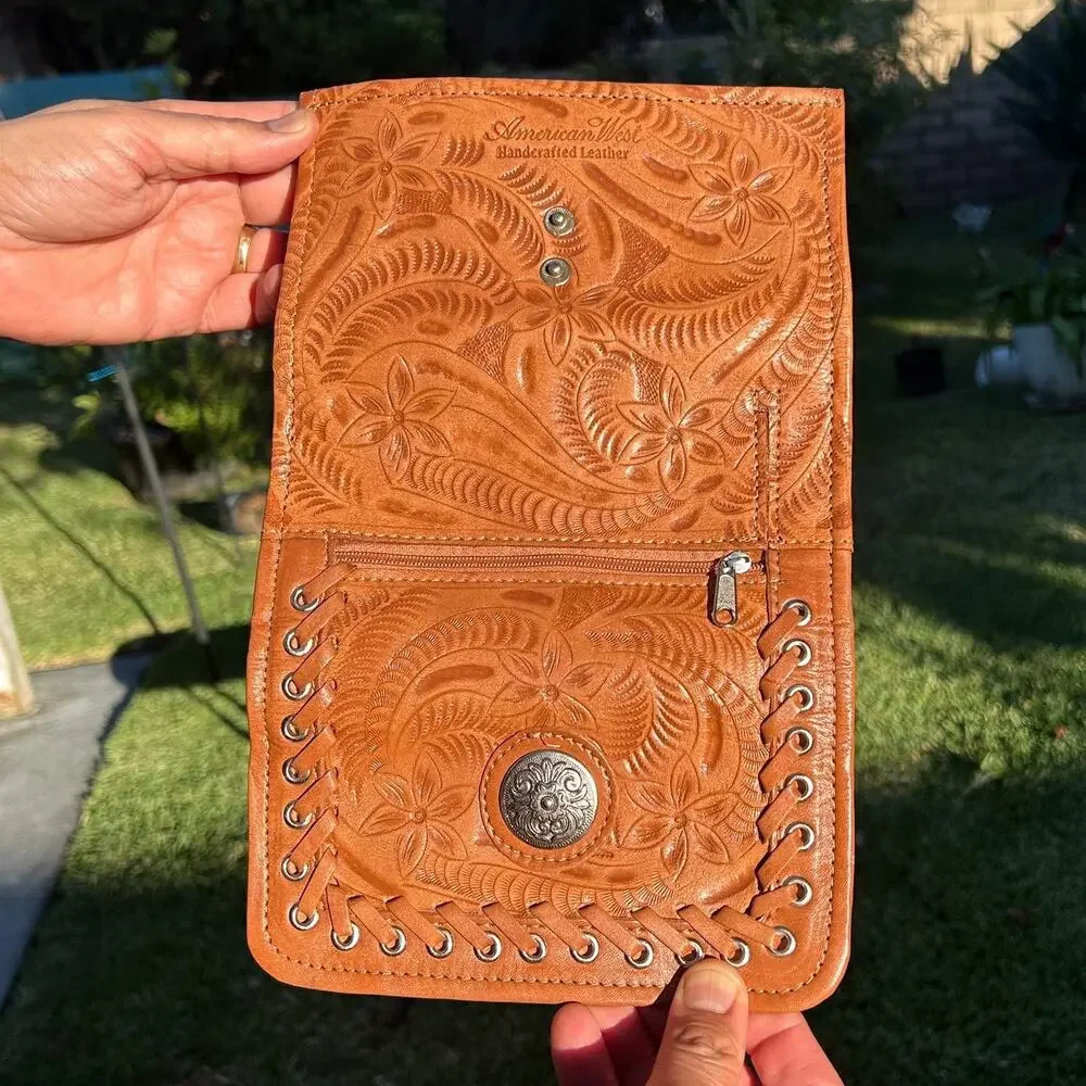 American West Handcrafted Leather Tooled Floral Concho Trifold Wallet Tan